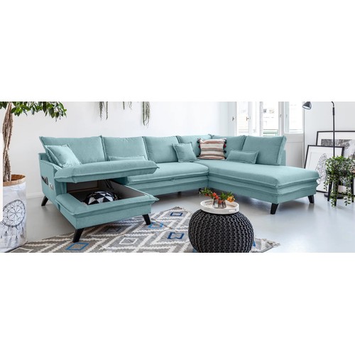 469 - A Miuform Charming Charlie aqua upholstered three part corner sofa with ottoman type chaise end that... 