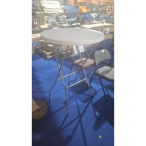 406 - 1 x tall plastic / metal folding table diameter approx 80cm