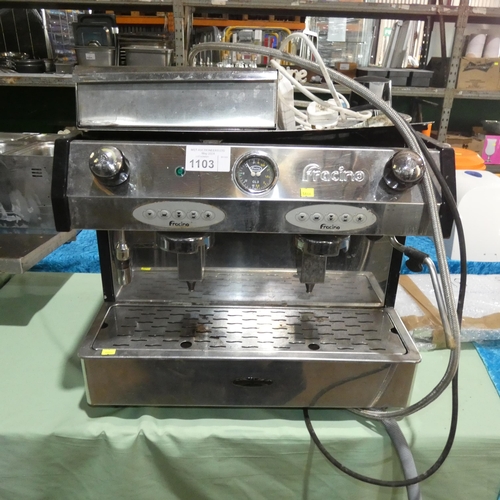 1103 - A commercial stainless steel 2 group coffee machine by Fracino, no model visible, handles in auction... 