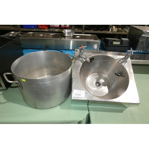 1105 - A wall mounted stainless steel hand sink & an aluminium stock pot 36cm