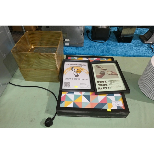 1108 - 3 framed pictures and 2 honeycomb shelf units