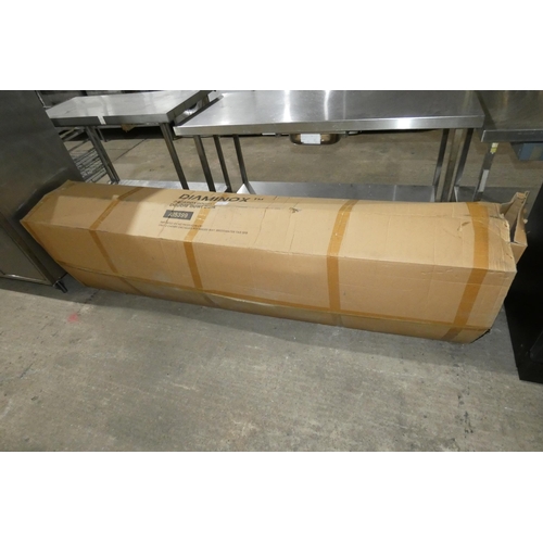 1113 - A boxed commercial stainless steel double sink unit approx 240x60x90cm