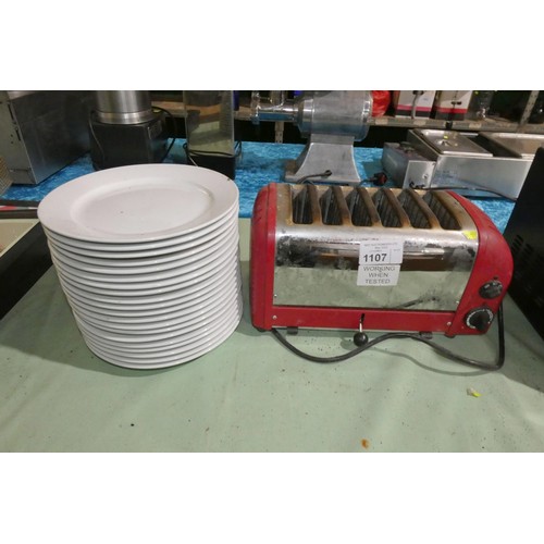 1107 - 20 matching white dinner plates by Athena 28cm & a commercial 6 slice toaster - trade