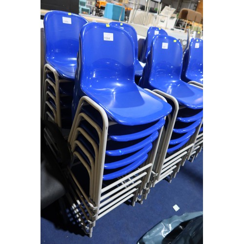 1384 - 5 x stacking metal framed chairs with blue plastic seats