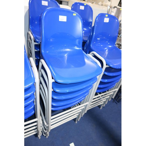 1387 - 5 x stacking metal framed chairs with blue plastic seats