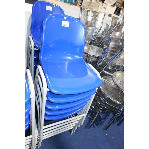 1388 - 5 x stacking metal framed chairs with blue plastic seats