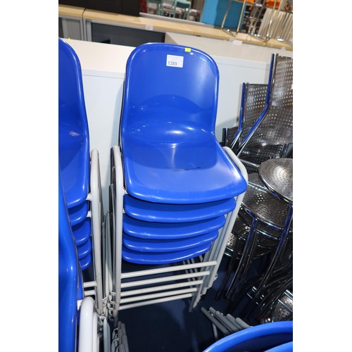 1389 - 5 x stacking metal framed chairs with blue plastic seats