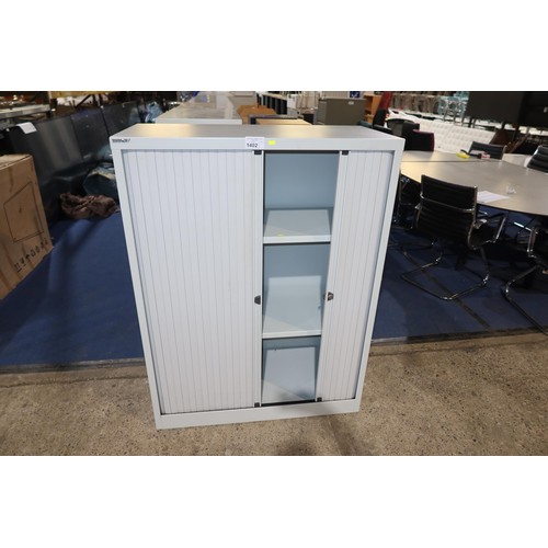 1402 - 1 x light grey / white metal front opening tambour cabinet approx 47cm d x 100cm w x 130cm high