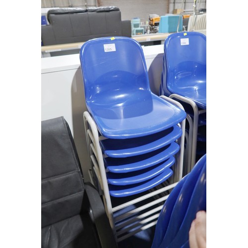 1385 - 5 x stacking metal framed chairs with blue plastic seats