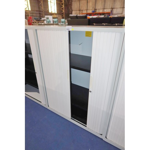 1400 - 1 x light grey / white metal front opening tambour cabinet approx 47cm d x 100cm w x 130cm high