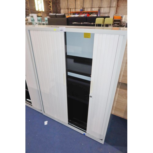 1401 - 1 x light grey / white metal front opening tambour cabinet approx 47cm d x 100cm w x 130cm high