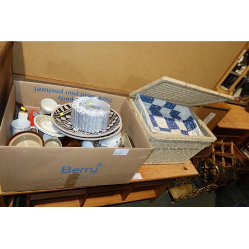 2121 - A box containing a quantity of various crockery, a basket etc