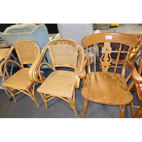 2132 - 1 x Pine dining chairs with arms and 2 x conservatory chairs