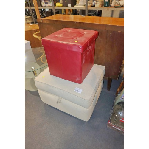 2126 - 1 x cream upholstered foot stool with hinged top and 1 x red upholstered foot stool