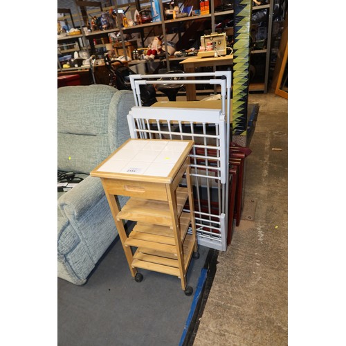 2153 - 1 x wooden kitchen type cart with a tiled top approx 37 x 37 x 80cm high, a heated clothes drying ra... 