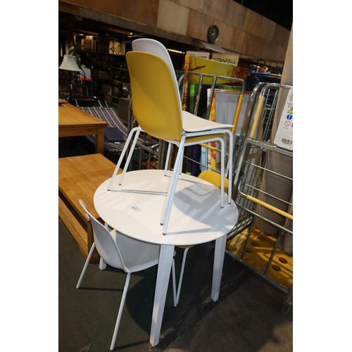 2171 - An Ikea white round drop leaf dining table diameter approx 90cm and 4 x dining chairs