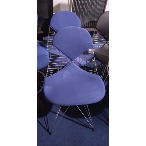 1379 - 2 x Eames style Bikini type chairs with blue upholstery and metal frames