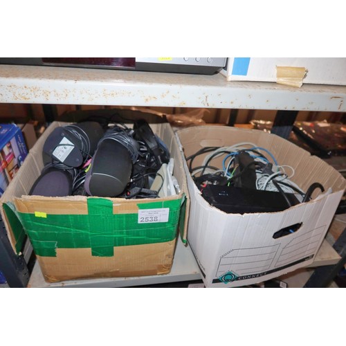 2538 - 2 boxes containing a quantity of various pc related items including speakers, router, cables etc - t... 