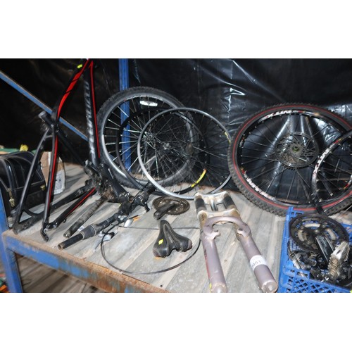 2003 - A quantity of various mountain bike parts including a specialized rock hopper frame. Forks, seats, S... 