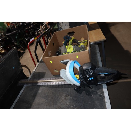 2021 - 1 x MacAllister hedge trimmer 240v and 5 x Ryobi cordless tools with 1 charger but No batteries are ... 