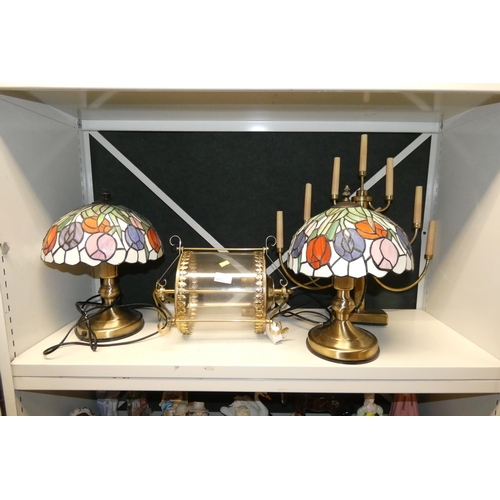 3053 - A pair of replica Tiffany's style table lamps, a decorative brass hanging light and a brass candle t... 