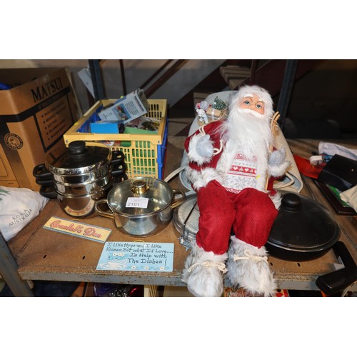 2101 - A quantity of various items including a Tefal iron 240v, a double action air pump, a Santa Claus fig... 