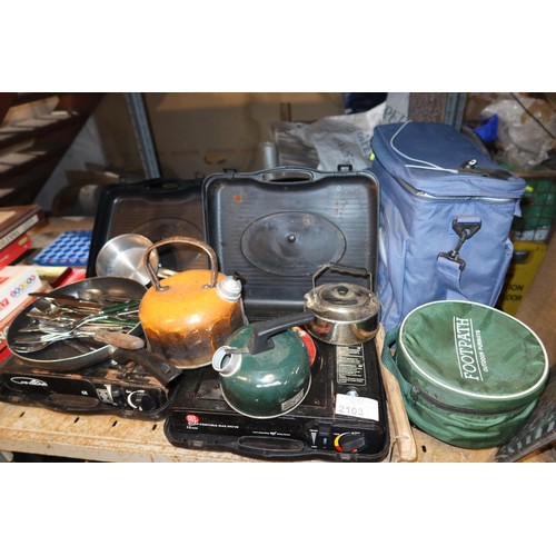 2103 - A quantity of various items including 2 x camping stoves, camping kettles, a cool bag, a Dell monito... 