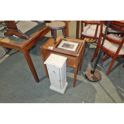 2180 - A small white painted single door pine cabinet, a small wooden side table, a small dark wood three l... 