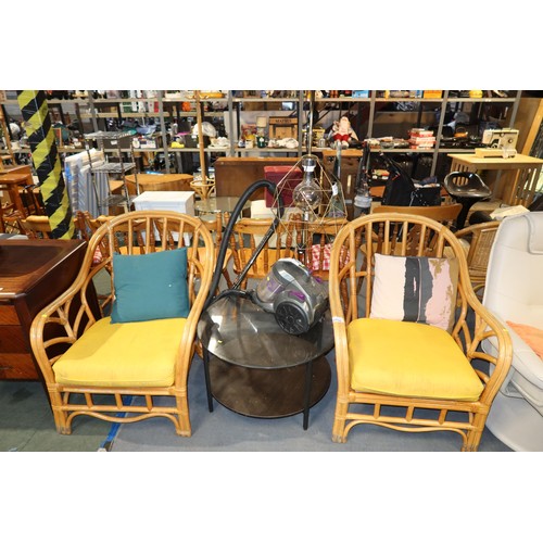 2150 - 2 x conservatory type chairs, 1 x round glass topped coffee table diameter approx 75cm, 1 x Bush vac... 