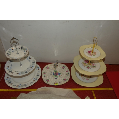 3261 - Two vintage floral decorated three-tier cake plates and one single cake plate