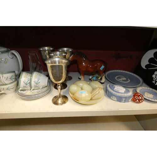 3030 - Two decorative tea sets and a quantity of miscellaneous ornaments etc (one shelf)