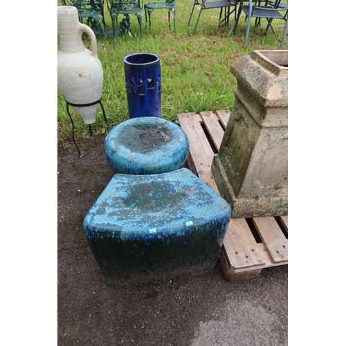 2679 - A tall porcelain plant pot & 2 garden stools