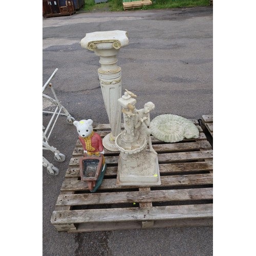 2697 - A quantity of various garden ornaments, Rupert Bear, a wooden pedestal, a resin statue etc