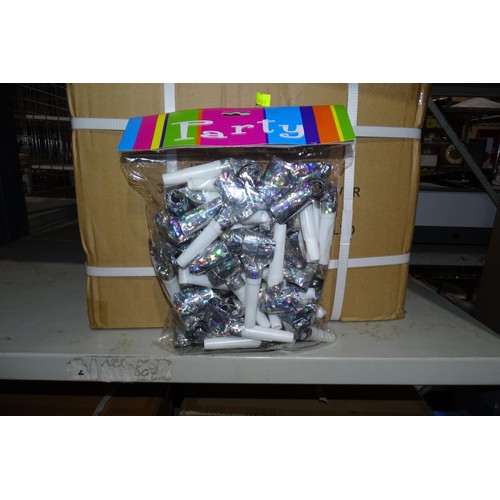 2597 - A box containing a quantity of wedding/party blowers in silver