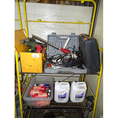 5029 - A quantity of various items including a hammer drill 240v, a hedge trimmer 240v, 2 x 5L bottles of p... 