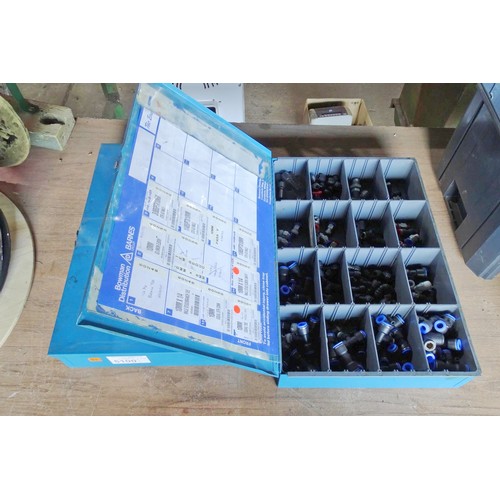 5100 - 2 x blue metal stores boxes containing a quantity of various pneumatic fittings