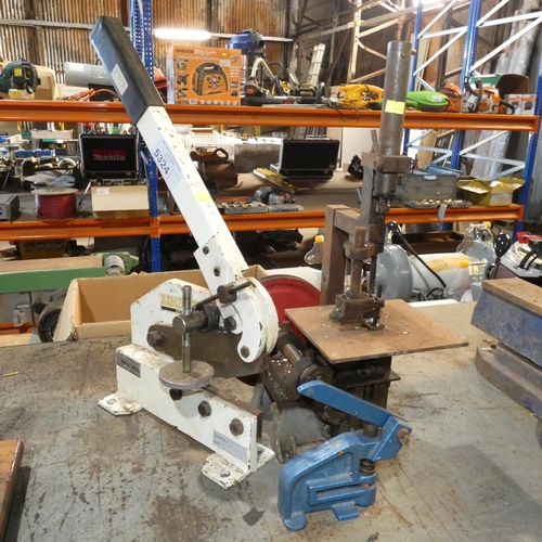 5324 - 1 x Axminster 6 inch manual bench mounted lever shear, 1 x vintage belt driven saw and 1 x small pun... 