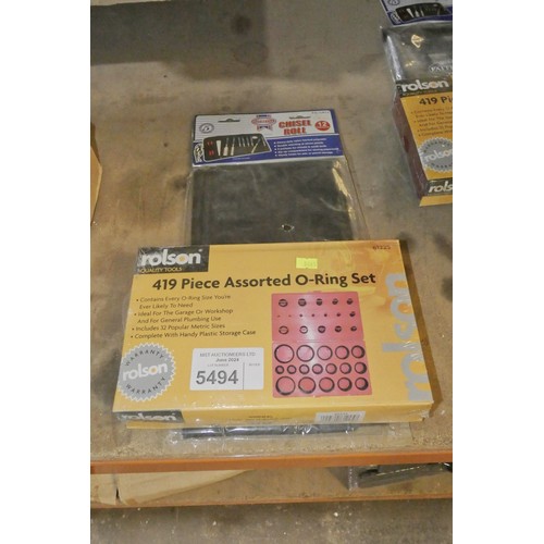 5494 - A Rolson 419 piece O ring set and 1 x Faithfull chisel roll