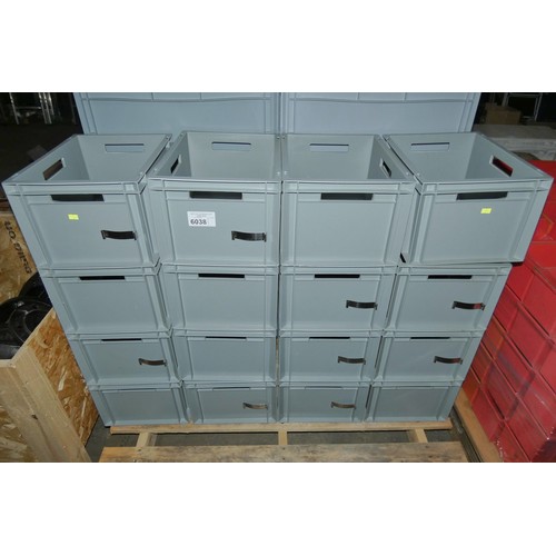 6038 - 16 x grey plastic stacking boxes each approx 40 x 30 x 22cm high