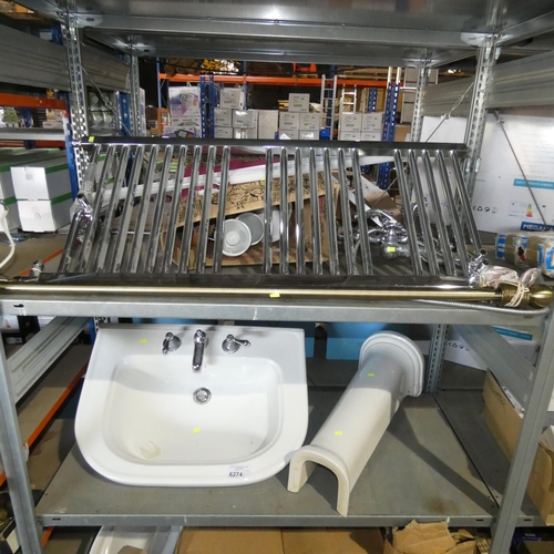 6274 - A quantity of various items including a ceramic basin / pedestal with taps fitted, 1 x towel rail 24... 