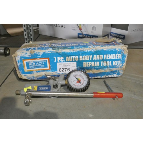 6276 - A Rolson auto body and fender repair tool kit, a 1 x Draper air gauge (no hose) and 1 x wrench