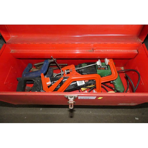 5209 - 1 x Talco red metal tool box containing a quantity of various tools including a Hitachi drill, G cla... 