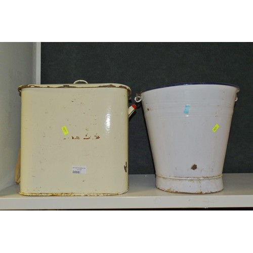 3088 - A vintage cream enameled bread bin and vintage white enameled bucket