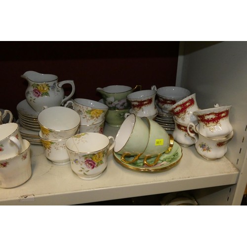 3017 - Four decorative glass vases and a quantity of miscellaneous decorative tea ware etc (one shelf)