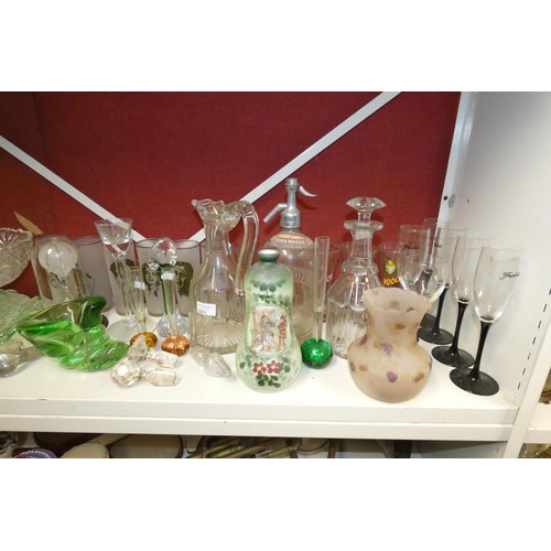 3021 - A vintage soda siphon, various decanters, glass bowls and a quantity of decorative glassware (one sh... 