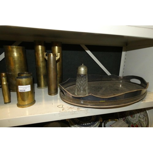 3028 - A quantity of miscellaneous brass shell cases, an oval silver plated tray and other silver plated wa... 