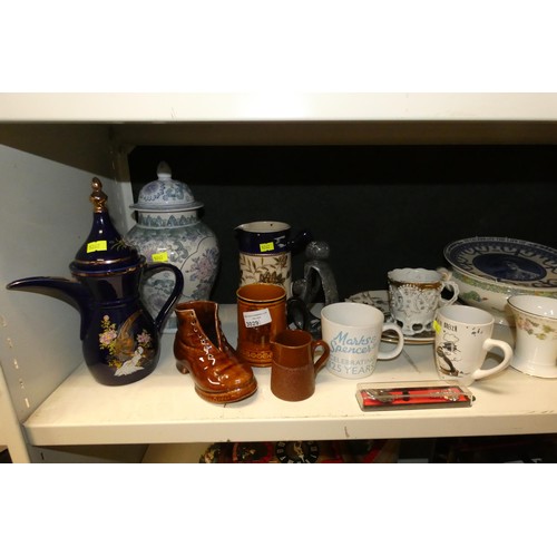 3029 - A quantity of miscellaneous decorative chinaware and a brass wall clock (one shelf)