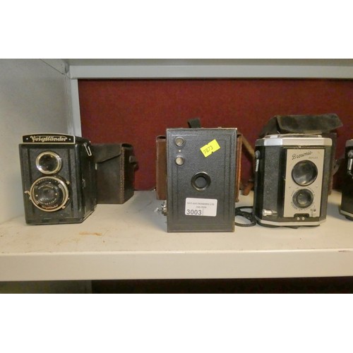 3003 - A collection of vintage box cameras and bellows cameras etc (one shelf)