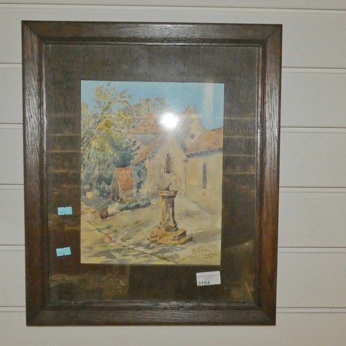 3154 - A small oak framed watercolor of a courtyard with sundial, signed bottom right, indistinct.