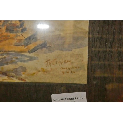 3154 - A small oak framed watercolor of a courtyard with sundial, signed bottom right, indistinct.